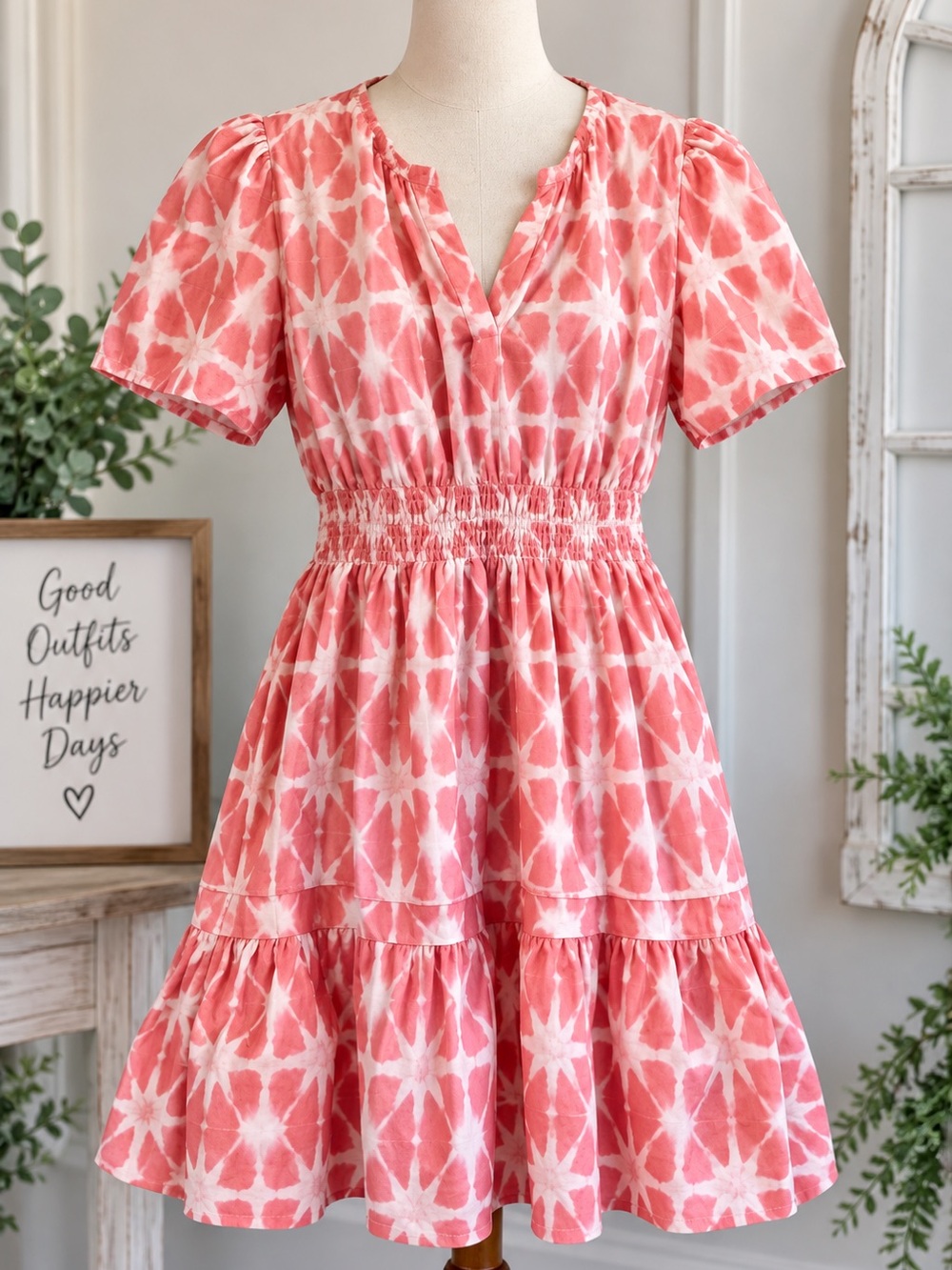 🌸 Coral & White Knee-Length Cotton Dress 🌸